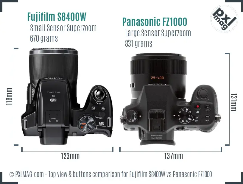 Fujifilm S8400W vs Panasonic FZ1000 top view buttons comparison