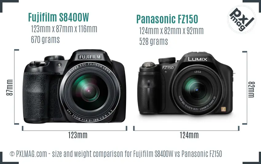 Fujifilm S8400W vs Panasonic FZ150 size comparison