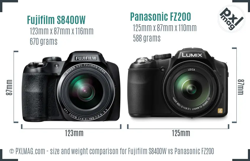 Fujifilm S8400W vs Panasonic FZ200 size comparison