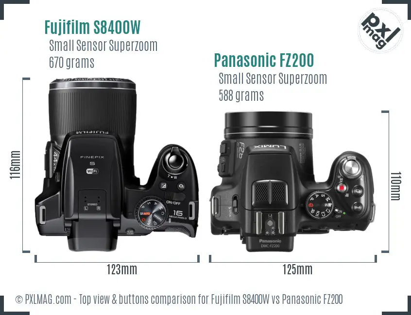 Fujifilm S8400W vs Panasonic FZ200 top view buttons comparison