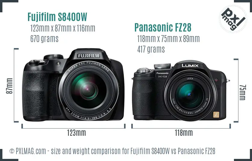 Fujifilm S8400W vs Panasonic FZ28 size comparison