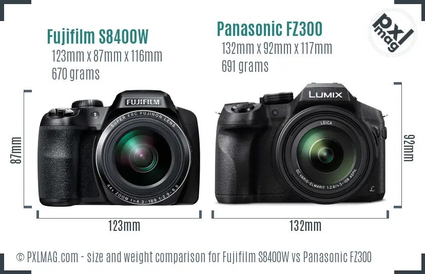 Fujifilm S8400W vs Panasonic FZ300 size comparison