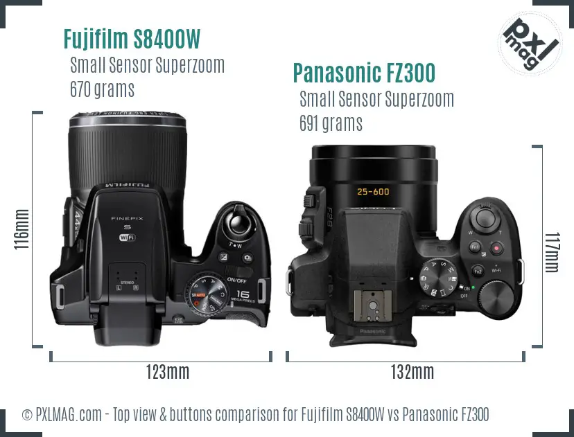 Fujifilm S8400W vs Panasonic FZ300 top view buttons comparison