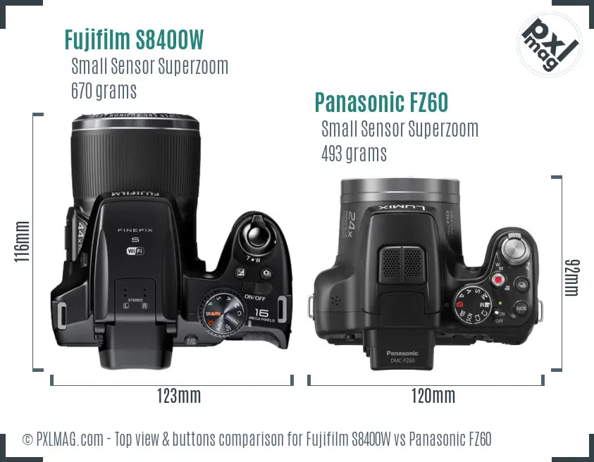 Fujifilm S8400W vs Panasonic FZ60 top view buttons comparison