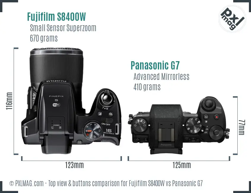 Fujifilm S8400W vs Panasonic G7 top view buttons comparison