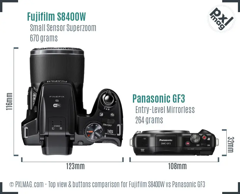 Fujifilm S8400W vs Panasonic GF3 top view buttons comparison