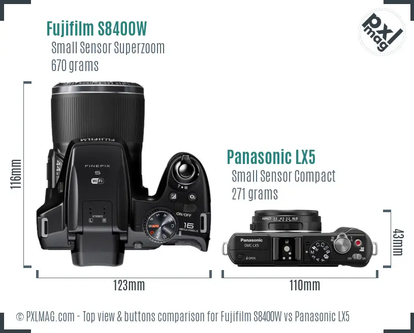 Fujifilm S8400W vs Panasonic LX5 top view buttons comparison