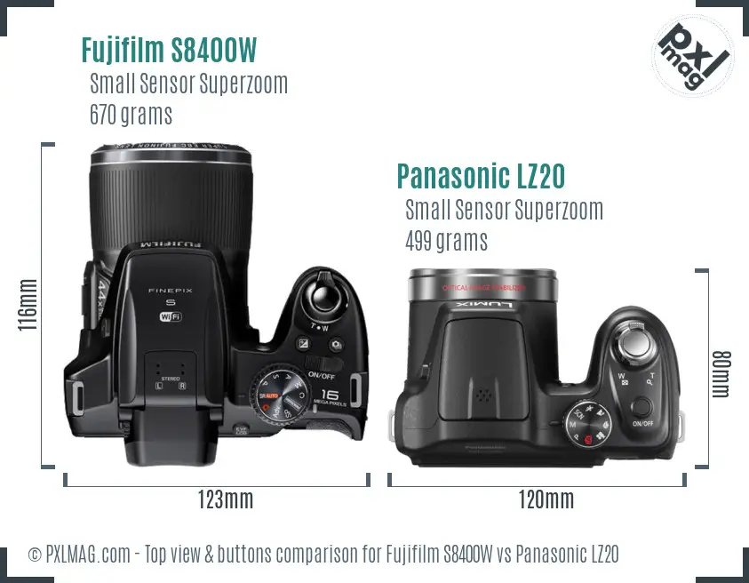 Fujifilm S8400W vs Panasonic LZ20 top view buttons comparison
