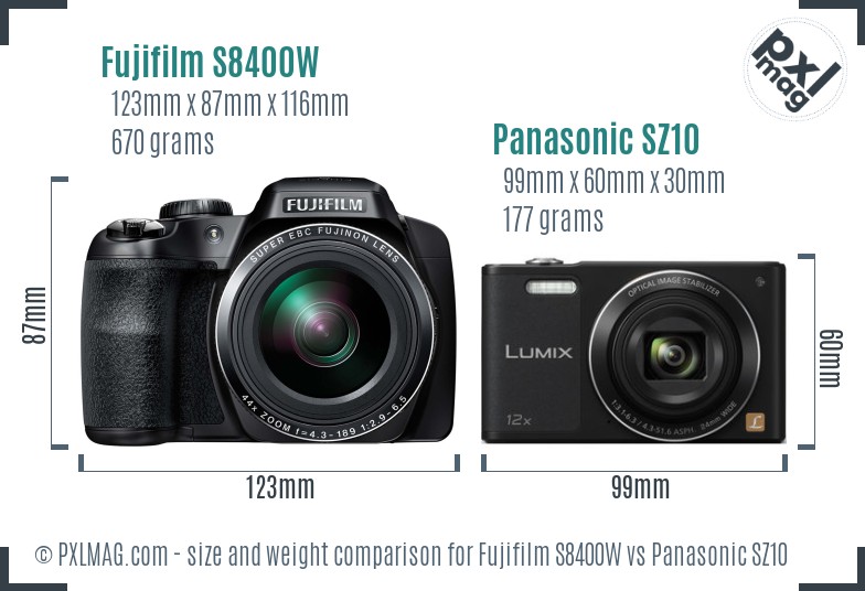 Fujifilm S8400W vs Panasonic SZ10 size comparison