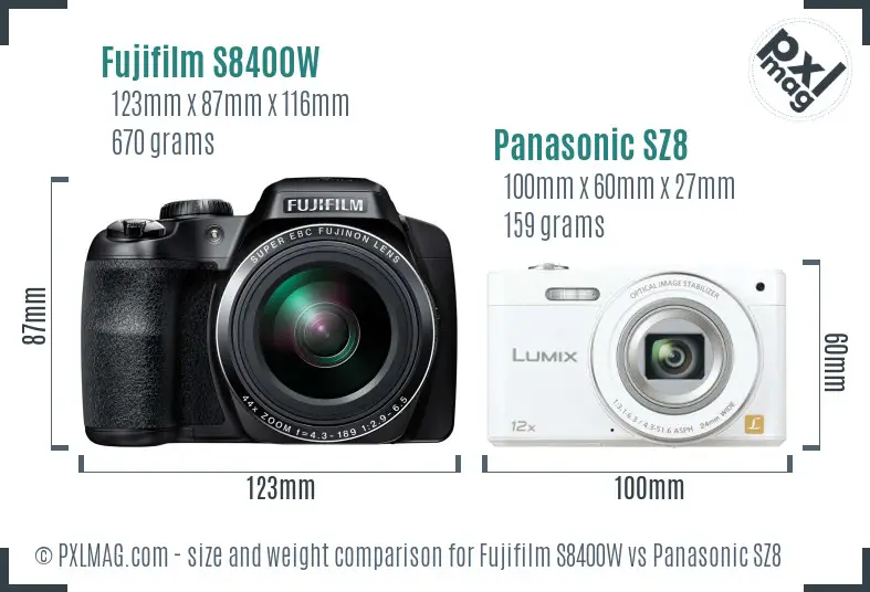 Fujifilm S8400W vs Panasonic SZ8 size comparison