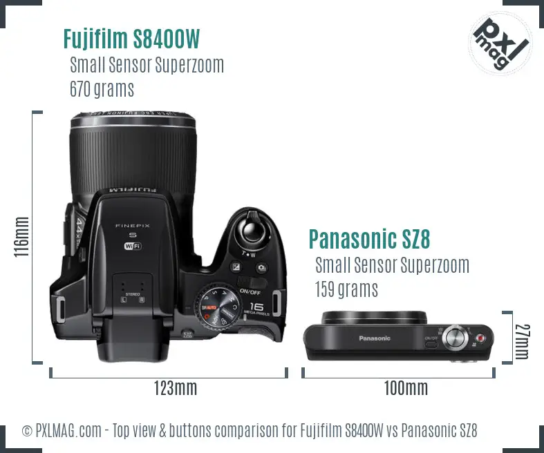 Fujifilm S8400W vs Panasonic SZ8 top view buttons comparison