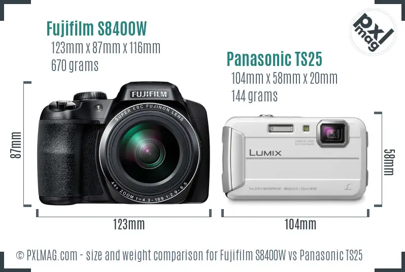 Fujifilm S8400W vs Panasonic TS25 size comparison