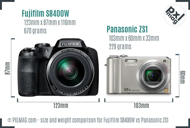 Fujifilm S8400W vs Panasonic ZS1 size comparison