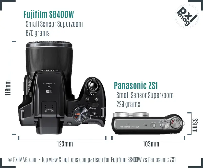 Fujifilm S8400W vs Panasonic ZS1 top view buttons comparison