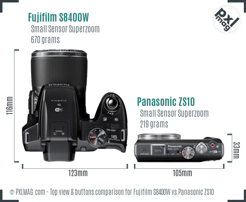 Fujifilm S8400W vs Panasonic ZS10 top view buttons comparison