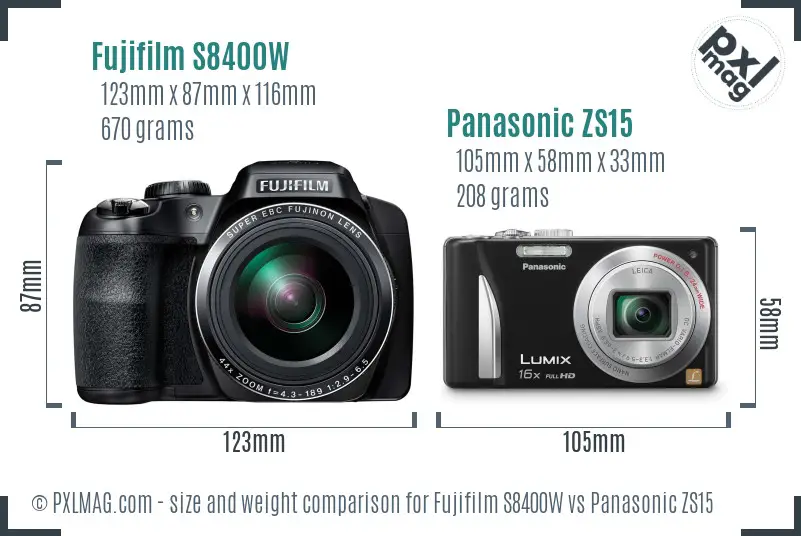 Fujifilm S8400W vs Panasonic ZS15 size comparison