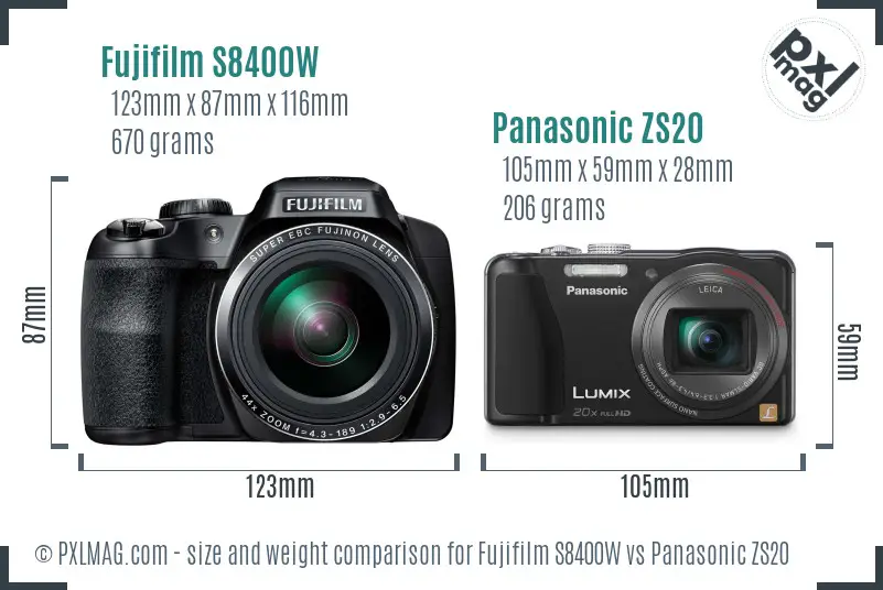 Fujifilm S8400W vs Panasonic ZS20 size comparison