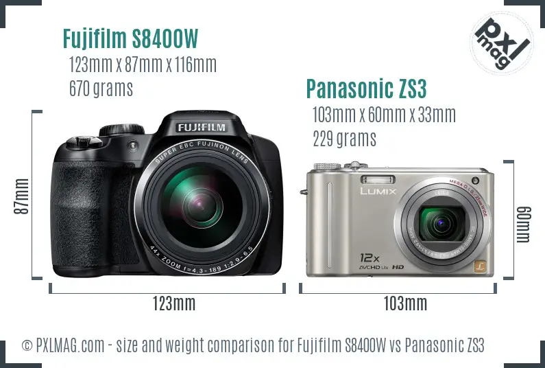 Fujifilm S8400W vs Panasonic ZS3 size comparison
