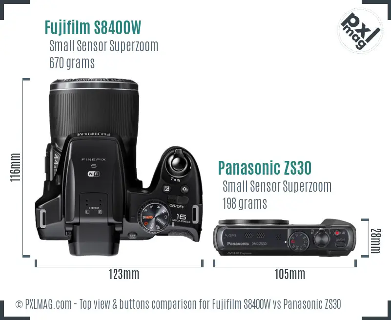Fujifilm S8400W vs Panasonic ZS30 top view buttons comparison Fujifilm S8400W vs Panasonic ZS30 top view buttons comparison