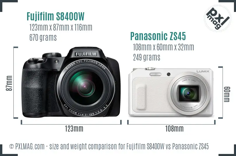 Fujifilm S8400W vs Panasonic ZS45 size comparison