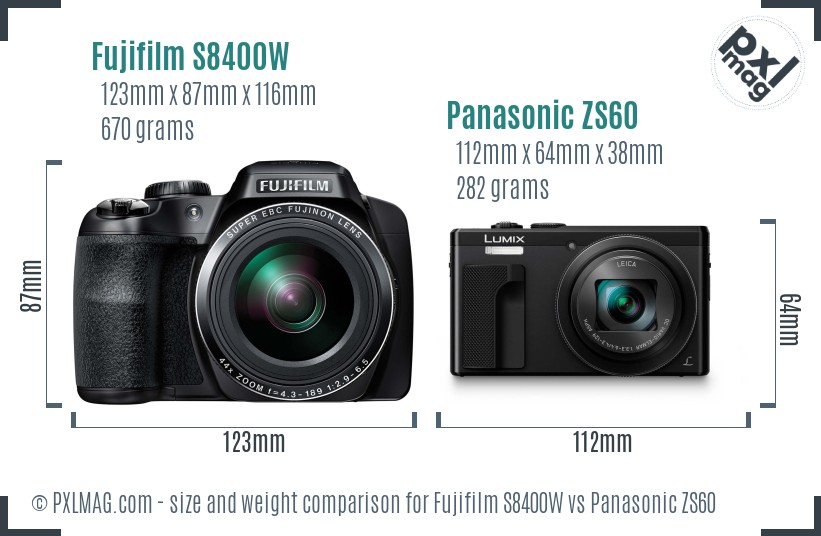 Fujifilm S8400W vs Panasonic ZS60 size comparison
