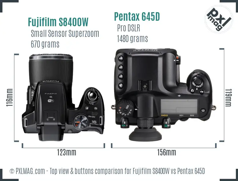 Fujifilm S8400W vs Pentax 645D top view buttons comparison