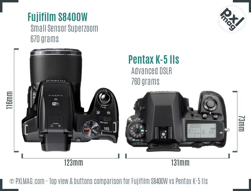Fujifilm S8400W vs Pentax K-5 IIs top view buttons comparison