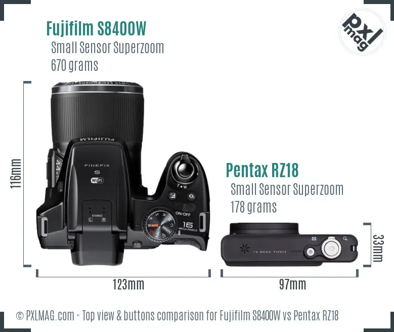 Fujifilm S8400W vs Pentax RZ18 top view buttons comparison Fujifilm S8400W vs Pentax RZ18 top view buttons comparison