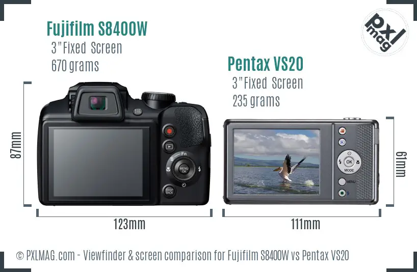 Fujifilm S8400W vs Pentax VS20 Screen and Viewfinder comparison