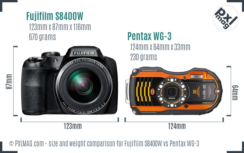 Fujifilm S8400W vs Pentax WG-3 size comparison