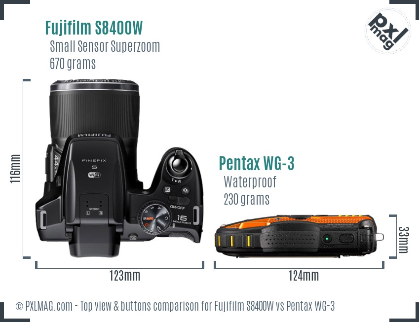 Fujifilm S8400W vs Pentax WG-3 top view buttons comparison