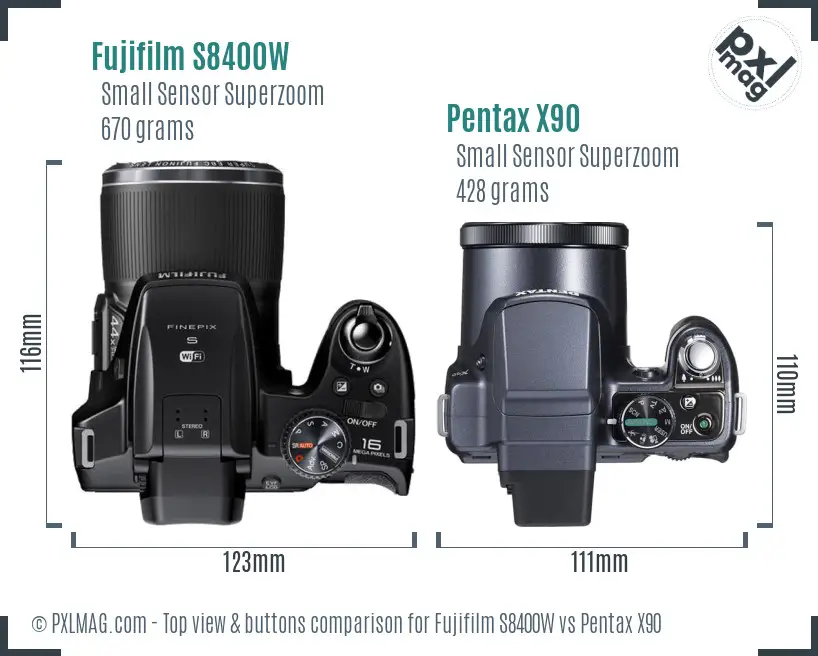 Fujifilm S8400W vs Pentax X90 top view buttons comparison