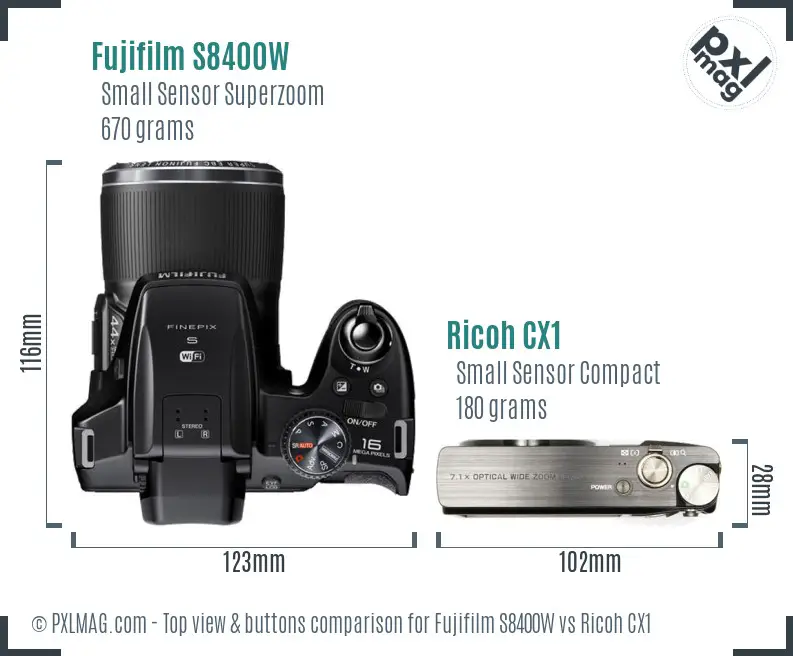 Fujifilm S8400W vs Ricoh CX1 top view buttons comparison