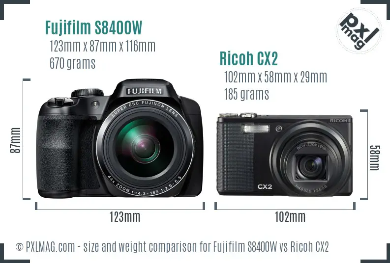 Fujifilm S8400W vs Ricoh CX2 size comparison Fujifilm S8400W vs Ricoh CX2 size comparison