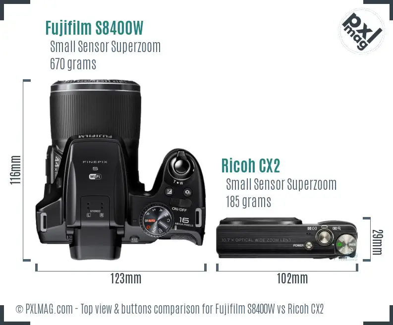 Fujifilm S8400W vs Ricoh CX2 top view buttons comparison Fujifilm S8400W vs Ricoh CX2 top view buttons comparison