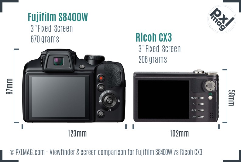 Fujifilm S8400W vs Ricoh CX3 Screen and Viewfinder comparison