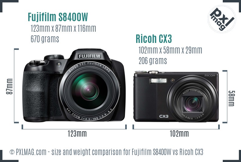 Fujifilm S8400W vs Ricoh CX3 size comparison