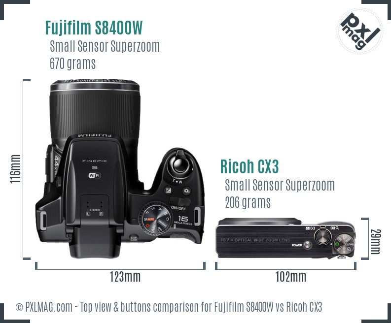Fujifilm S8400W vs Ricoh CX3 top view buttons comparison