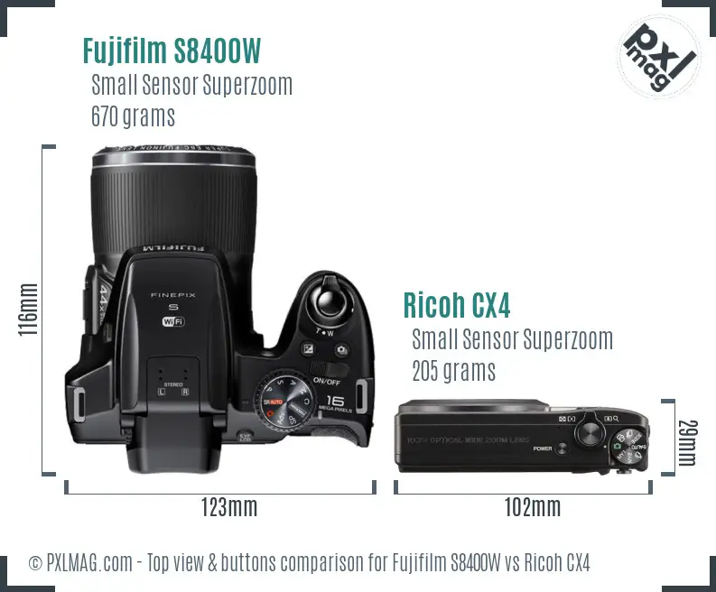 Fujifilm S8400W vs Ricoh CX4 top view buttons comparison Fujifilm S8400W vs Ricoh CX4 top view buttons comparison