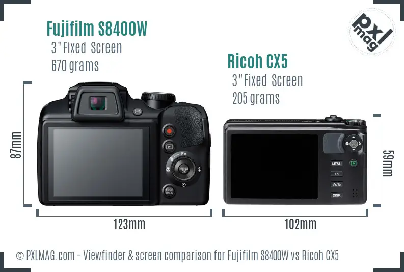 Fujifilm S8400W vs Ricoh CX5 Screen and Viewfinder comparison