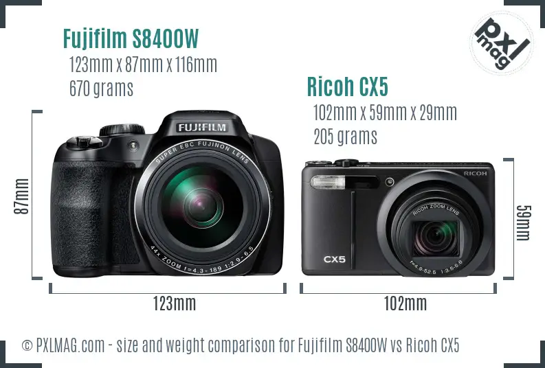 Fujifilm S8400W vs Ricoh CX5 size comparison