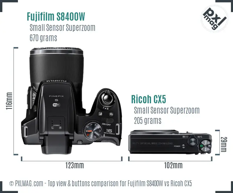 Fujifilm S8400W vs Ricoh CX5 top view buttons comparison
