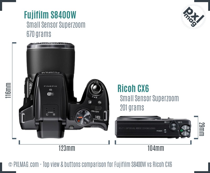 Fujifilm S8400W vs Ricoh CX6 top view buttons comparison