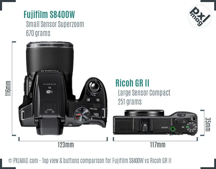 Fujifilm S8400W vs Ricoh GR II top view buttons comparison Fujifilm S8400W vs Ricoh GR II top view buttons comparison