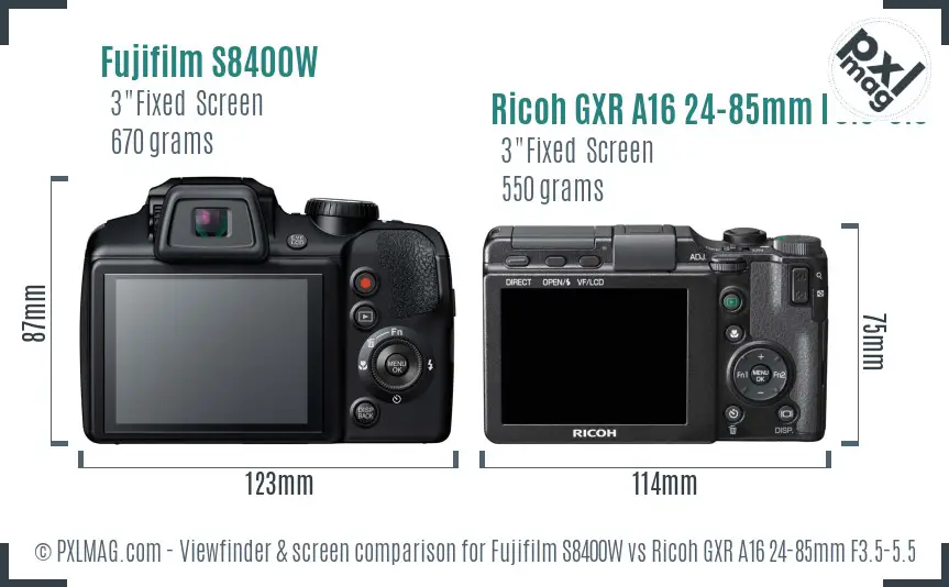 Fujifilm S8400W vs Ricoh GXR A16 24-85mm F3.5-5.5 Screen and Viewfinder comparison