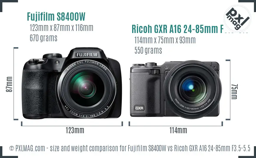 Fujifilm S8400W vs Ricoh GXR A16 24-85mm F3.5-5.5 size comparison