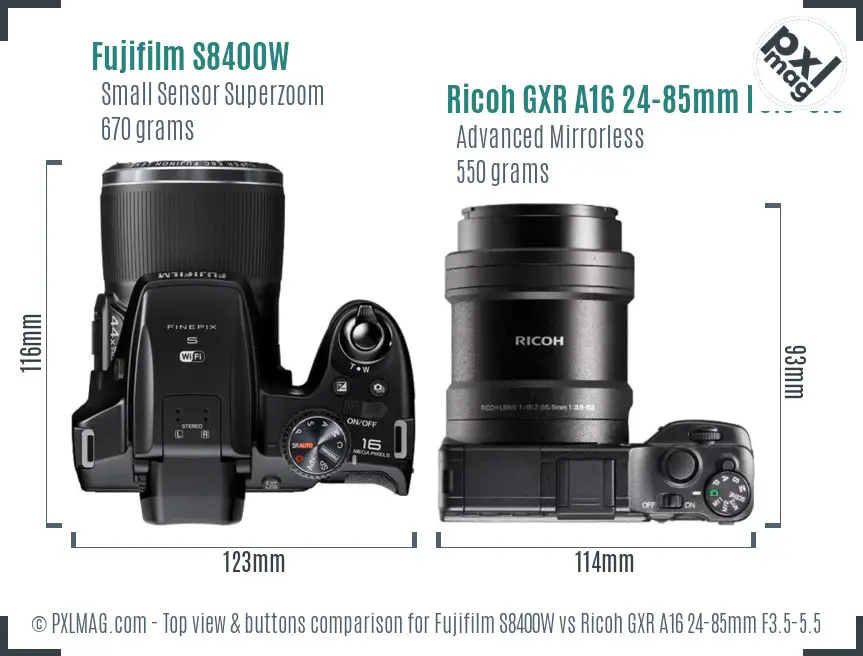 Fujifilm S8400W vs Ricoh GXR A16 24-85mm F3.5-5.5 top view buttons comparison
