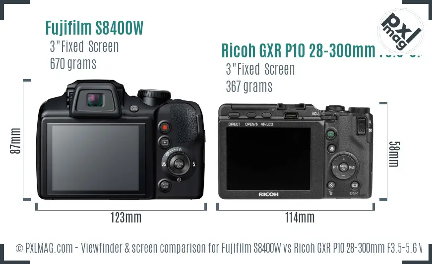 Fujifilm S8400W vs Ricoh GXR P10 28-300mm F3.5-5.6 VC Screen and Viewfinder comparison