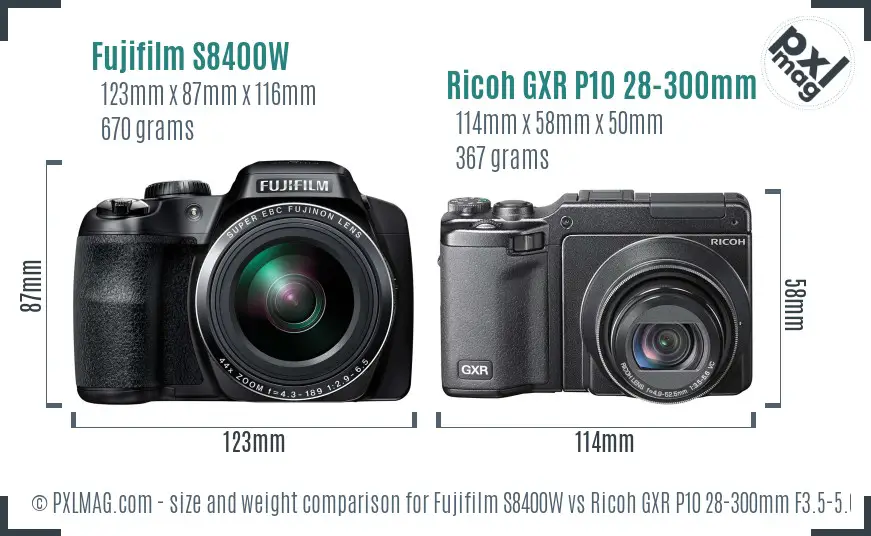 Fujifilm S8400W vs Ricoh GXR P10 28-300mm F3.5-5.6 VC size comparison