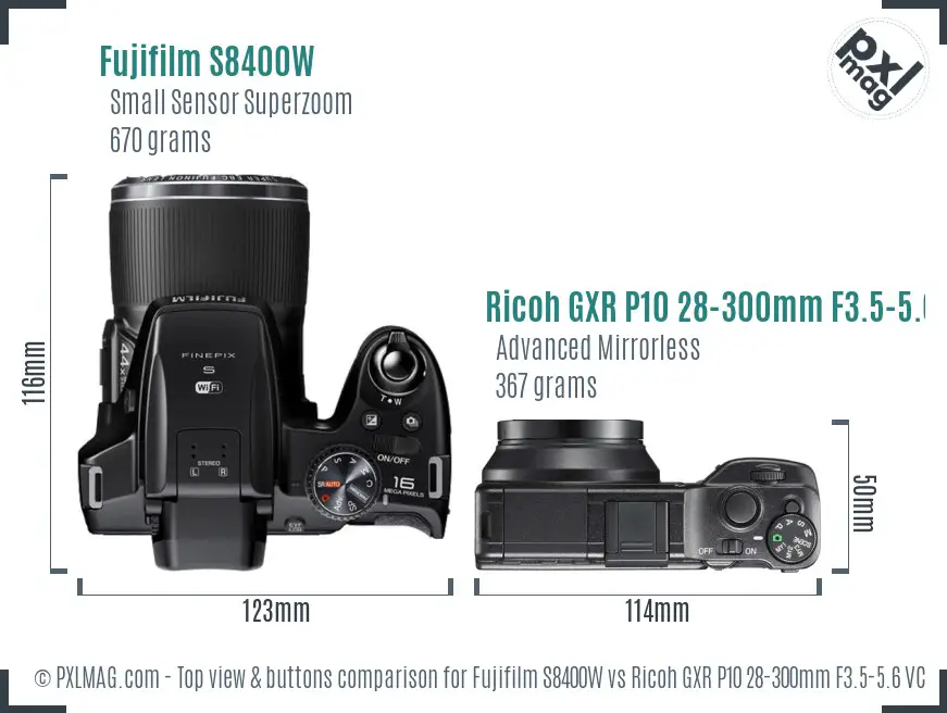 Fujifilm S8400W vs Ricoh GXR P10 28-300mm F3.5-5.6 VC top view buttons comparison